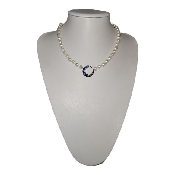 Eye Candy The Luxe Collection Blue and White CZ Moon Round Shell Pearls 18" - Picture 2 of 9
